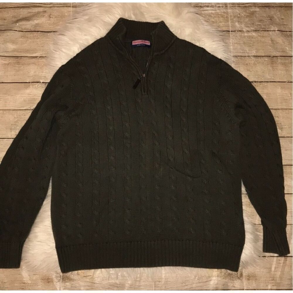 Vineyard Vines Men’s Chunky Quarter Zip Sweater Cable Knit Olive Green Read L